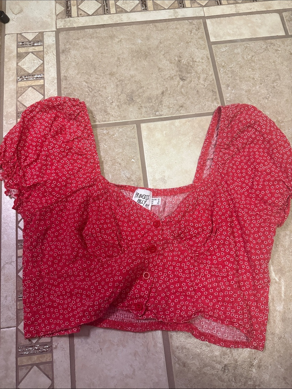 Princess Polly Red Floral Puff Sleeve Button Front Crop Top